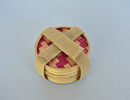 Bamboo Tea Coasters | Round Shape | Pink Pattern | Set Of 6