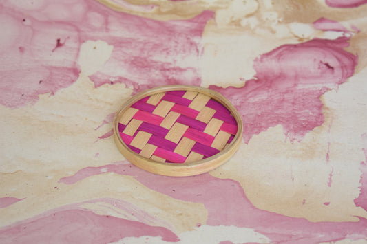 Bamboo Tea Coasters | Round Shape | Pink Pattern | Set Of 6