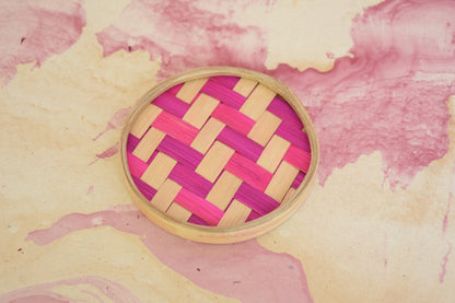 Bamboo Tea Coasters | Round Shape | Pink Pattern | Set Of 6