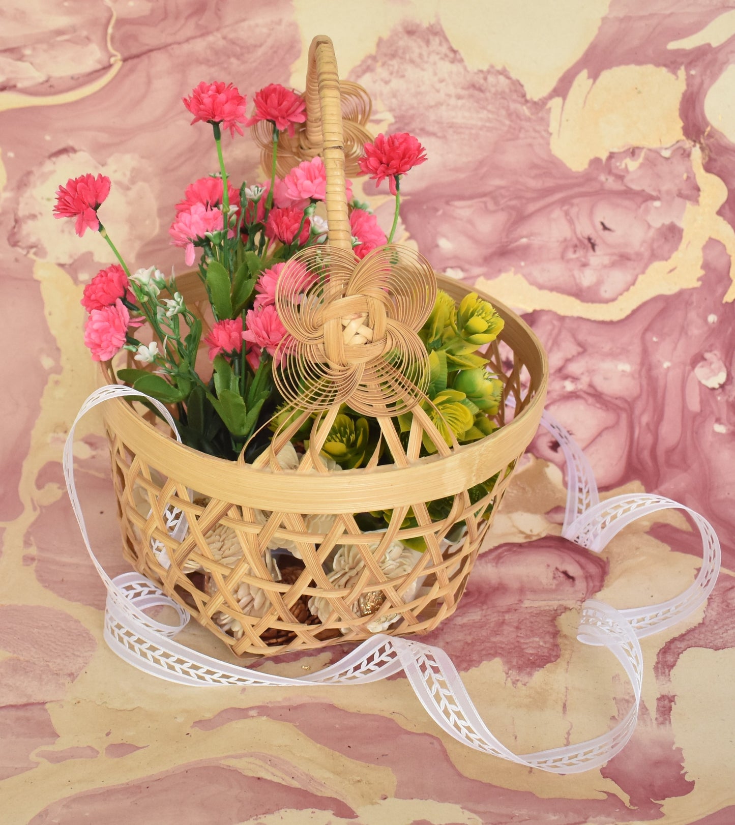 Bamboo Flower Basket | With Cane Handle | Hexagon Pattern