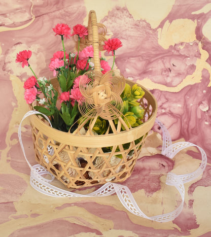 Bamboo Flower Basket | With Cane Handle | Hexagon Pattern