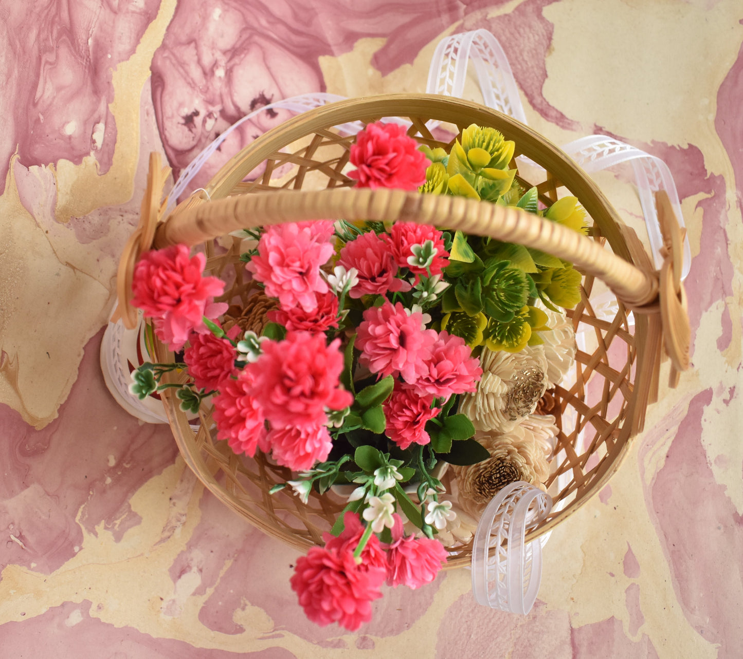 Bamboo Flower Basket | With Cane Handle | Hexagon Pattern