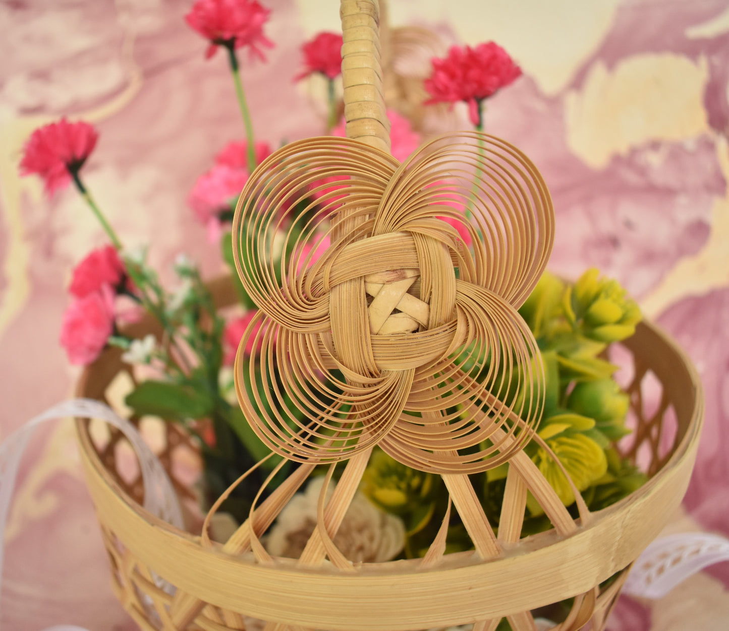 Bamboo Flower Basket | With Cane Handle | Hexagon Pattern