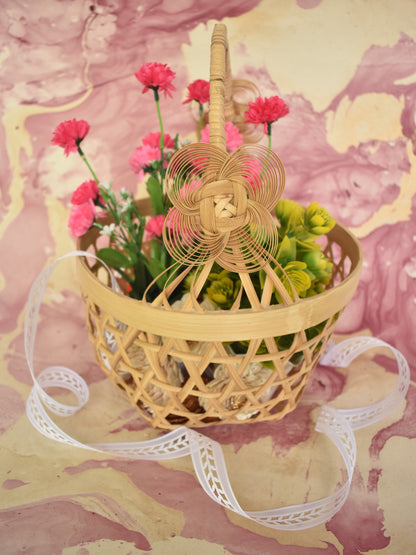 Bamboo Flower Basket | With Cane Handle | Hexagon Pattern