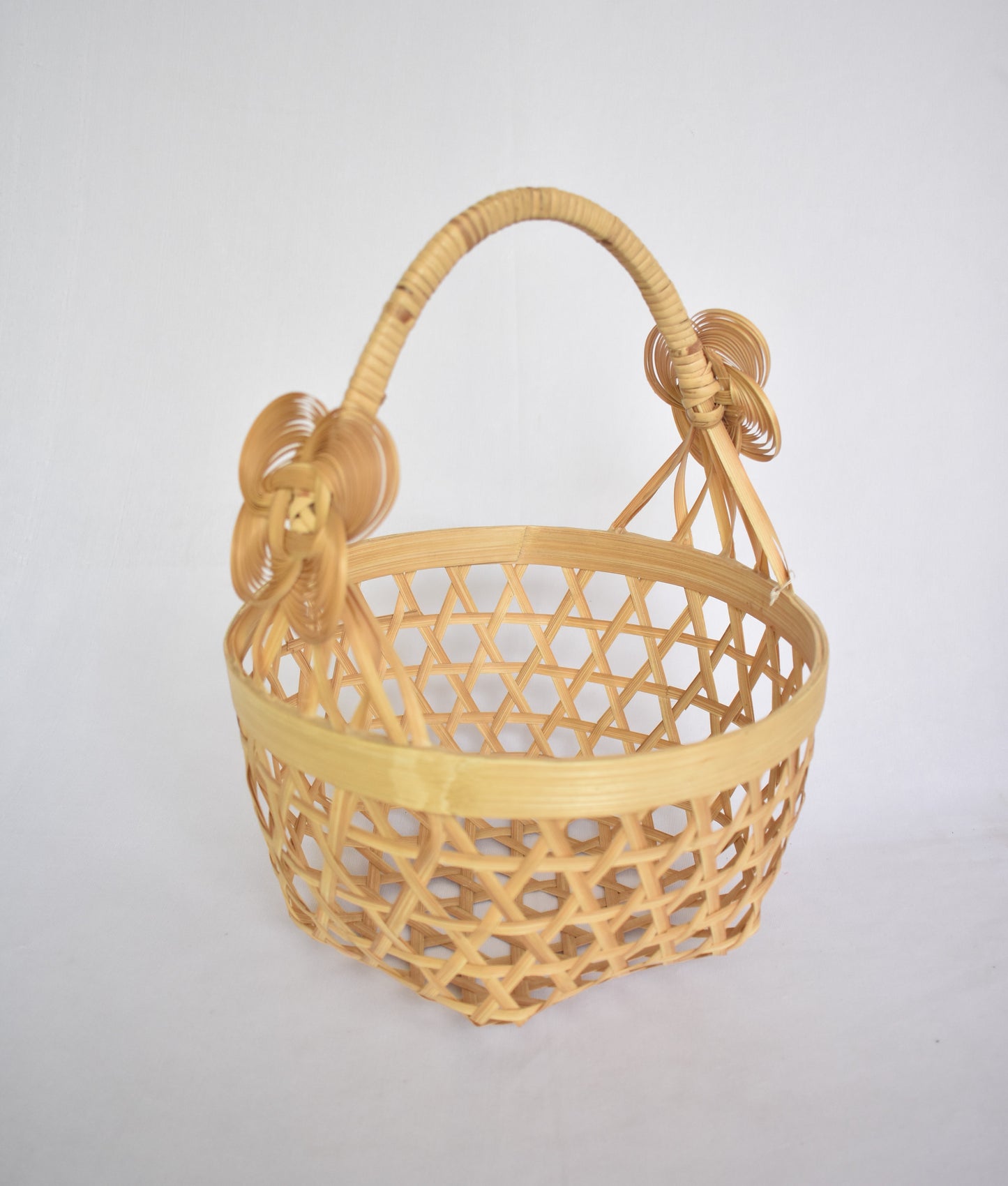 Bamboo Flower Basket | With Cane Handle | Hexagon Pattern