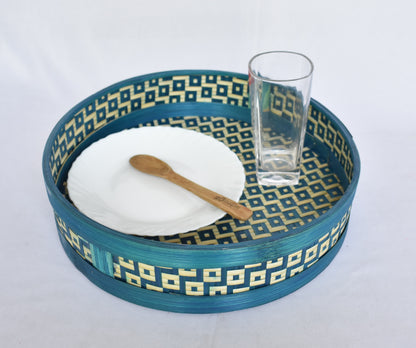 Bamboo Decorative Tray | Round Shape | Blue Colour