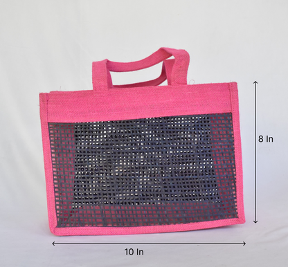 Bamboo + Jute Short Handle Tote Bag | Pink +  Dark Blue Color